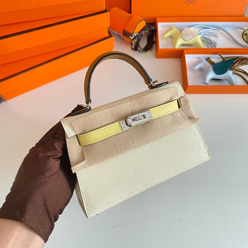Hermes Kelly Mini Second Generation 22EP Milk Shake White with Chicken Yellow and Sesame Silver Button